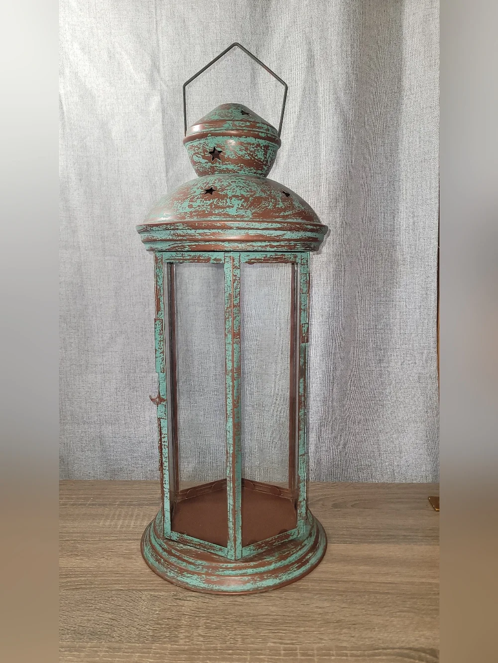 Distressed Turquoise Metal Lantern Large 20